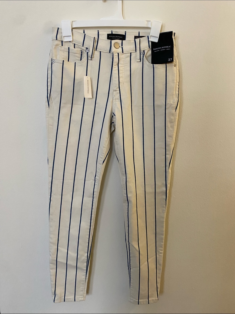 BNWT Banana Republic Mid-Rise Skinny Ankle Jeans in Cream and Navy Pinstripe 27